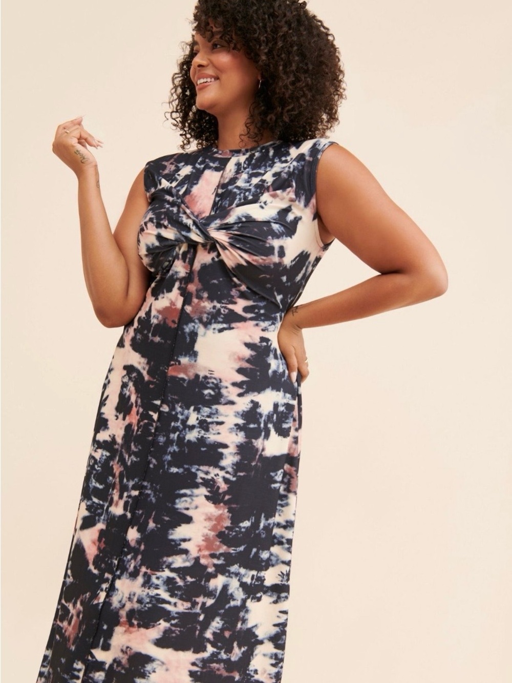 River Island Tie-Dye Twist-Front Maxi Dress in Navy and Blush